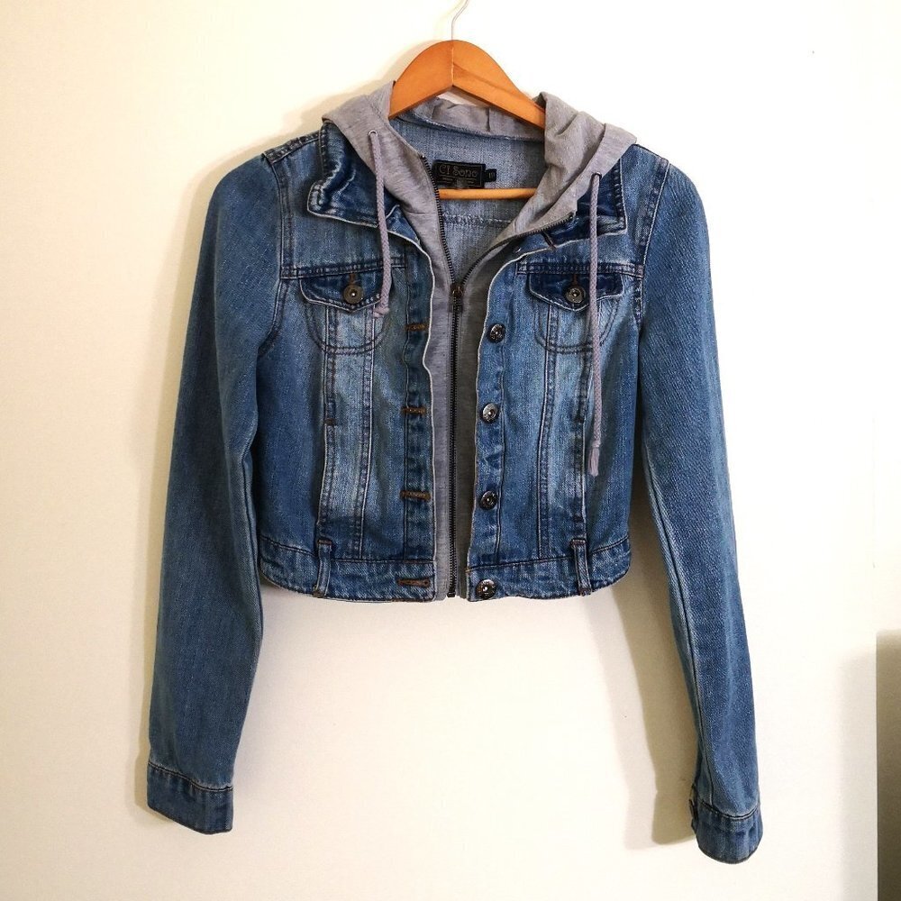 Ci Sono by‎ Cavalini Cropped Hooded Jean Jacket Blue Size M